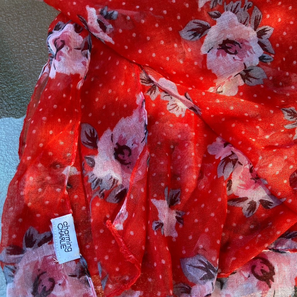 Charming Charlie Red And Flowers Scarf